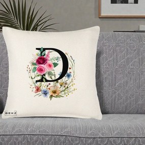 Cadou Personalizat - Perna Personalizata Monogram Litera D cu Flori Acuarela, 40x40 cm, Crem Reliefat, Husa Detasabila, Perna Inclusa, BEKZ®