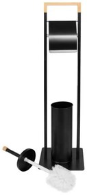 Suport pentru hartie igienica cu perie wc, metal si bambus, negru, 74 cm, Springos