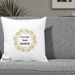 Cadou pentru Bunica - Perna Personalizata Cea Mai Buna Bunica Coronita Frunze Acuarela, 40x40 cm, Alba Mata, Husa Detasabila, Perna Inclusa, BEKZ®