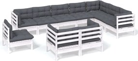 vidaXL Set mobilier grădină cu perne, 10 piese, alb, lemn masiv de pin
