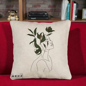 Perna Decorativa Portret Feminin Crin Verde, 40x40 cm, Bej Canapea, Husa Detasabila, Perna Inclusa, BEKZ®
