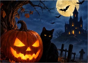 Tablou pe sticlă - Pisică neagră lângă un dovleac luminat de Halloween (70x50 cm)