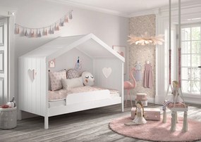 Pat Căsuță AMORI pentru Copii, 90x200 cm, Alb, cu Protecție – Vipack