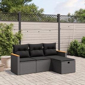 vidaXL Set mobilier de grădină cu perne, 4 piese, negru, poliratan