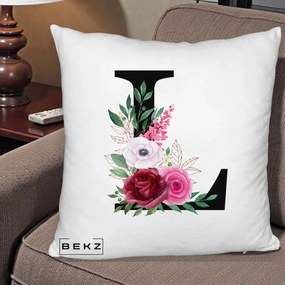 Cadou Personalizat - Perna Personalizata Monograma Florala Litera L, 40x40 cm, Alb Pufos, Husa Detasabila, Perna Inclusa, BEKZ®