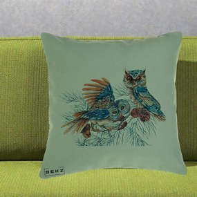 Perna Decorativa Bufnite de Iarna Albastre, 40x40 cm, Verde, Husa Detasabila, Perna Inclusa, BEKZ®