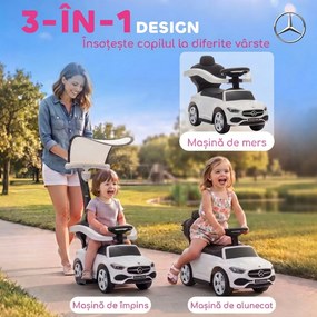 AIYAPLAY Mașinuță de Împins pentru Copii 3 în 1 cu Licență Mercedes-Benz, Mâner, Copertină, Claxon, Muzică, Alb | Aosom Romania
