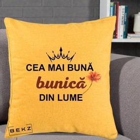 Cadou pentru Bunica - Perna Personalizata Cea Mai Buna Bunica Din Lume Coroana Mov Floare Roz, 40x40 cm, Galben, Husa Detasabila, Perna Inclusa, BEKZ®