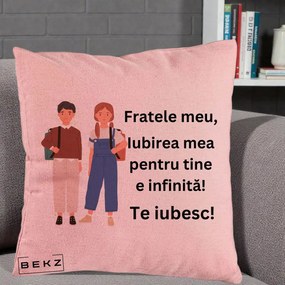 Cadou pentru Frate - Perna Personalizata Fratele Meu Te Iubesc Elevi Ilustratie Colorata, 40x40 cm, Roz, Husa Detasabila, Perna Inclusa, BEKZ®
