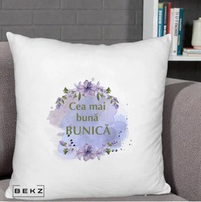 Cadou pentru Bunica - Perna Personalizata Cea Mai Buna Bunica Flori Mov Acuarela Auriu, 40x40 cm, Alb Pufos, Husa Detasabila, Perna Inclusa, BEKZ®