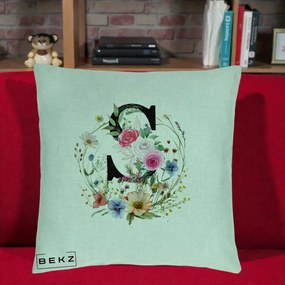Cadou Personalizat - Perna Personalizata Monogram Litera S cu Flori Acuarela, 40x40 cm, Verde Menta, Husa Detasabila, Perna Inclusa, BEKZ®