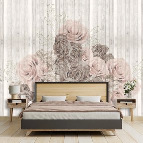 Fototapet - Flori in scânduri de lemn (147x102 cm)