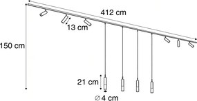 Sistem de iluminat pe șină modern negru cu 6 spoturi și 4 lumini suspendate monofazate - Slimline Uzzy Loyce