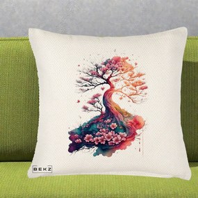 Perna Decorativa Copac Sakura Acuarela Fantasy, 40x40 cm, Crem Reliefat, Husa Detasabila, Perna Inclusa, BEKZ®