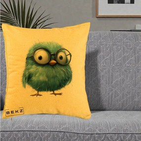 Perna Decorativa Pui Pufos Teal cu Ochelari, 40x40 cm, Galben, Husa Detasabila, Perna Inclusa, BEKZ®