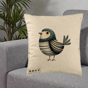 Perna Decorativa Pasare Teal Decorativa Dungata, 40x40 cm, Bej, Husa Detasabila, Perna Inclusa, BEKZ®