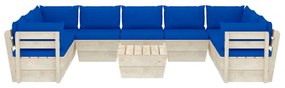 Set mobilier gradina din paleti, 10 piese, cu perne, lemn de molid Albastru, 4x colt + 5x mijloc + masa, 1