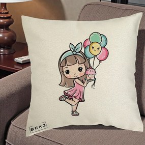 Perna Decorativa Fetita Kawaii cu Baloane si Cupcake, 40x40 cm, Ecru, Husa Detasabila, Perna Inclusa, BEKZ®