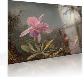 Tablou pe sticlă - Martin Johnson Heade, Cattleya Orchid and Three Hummingbirds, reproducere (70x50 cm)