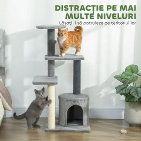 PawHut Ansamblu de joacă pentru pisici, multe niveluri cu stâlpi de sisal și Căsuță, 104cm,  Gri | Aosom Romania