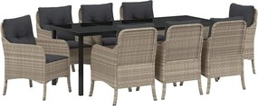 vidaXL Set de masă pentru grădină cu pernă 9 pcs Gri deschis poliratan