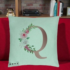 Cadou Personalizat - Perna Personalizata Monograma Rose Gold Litera Q, 40x40 cm, Verde Menta, Husa Detasabila, Perna Inclusa, BEKZ®