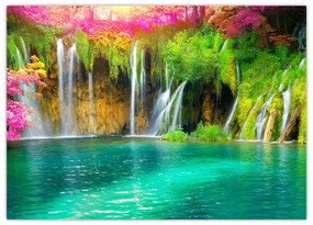 Tablou pe sticlă - Cascada, Lacurile Plitvice, Croația (70x50 cm)