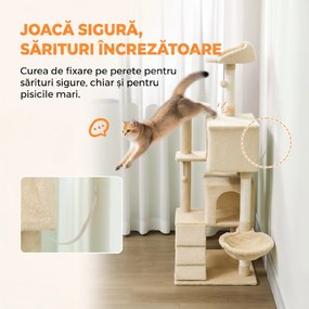 PawHut Ansamblu pentru Pisici, 140 Cm, cu 2 Căsuțe, Hamac, Culcuș și Stâlpi din Sisal, Bej | Aosom Romania
