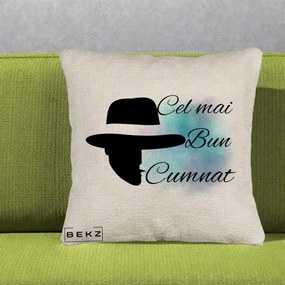Cadou pentru Cumnat - Perna Personalizata Cel mai Bun Cumnat cu Silueta Palarie si Pete Teal-Roz, 40x40 cm, Bej Canapea, Husa Detasabila, Perna Inclusa, BEKZ®
