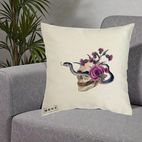Perna Decorativa Craniu cu Sarpe si Trandafiri Gothic, 40x40 cm, Ecru, Husa Detasabila, Perna Inclusa, BEKZ®