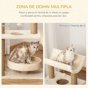 PawHut Copac pentru Pisici cu Cușcă în Formă de U, Pătuț și Covoraș Maro | Aosom Romania