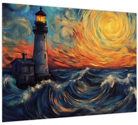 Tablou pe sticlă - Far în valuri (70x50 cm)