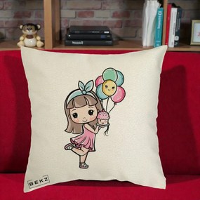 Perna Decorativa Fetita Kawaii cu Baloane si Cupcake, 40x40 cm, Ecru, Husa Detasabila, Perna Inclusa, BEKZ®