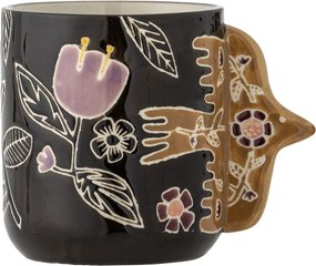 Set 4 cești din ceramică artizanală, multicolor, pictate manual cu motive florale, cu toartă sculptată în formă de pasăre, 8,5x9,5 cm, „Vivielle"