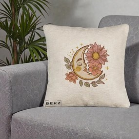 Perna Personalizata Luna Boho Chip Floral, 40x40 cm, Bej Canapea, Husa Detasabila, Perna Inclusa, BEKZ®