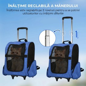 PawHut Rucsac 2-în-1 pentru Câini și Pisici cu Buzunare Laterale, Mâner Telescopic și Roti, 42x25x55 cm, Albastru | Aosom Romania