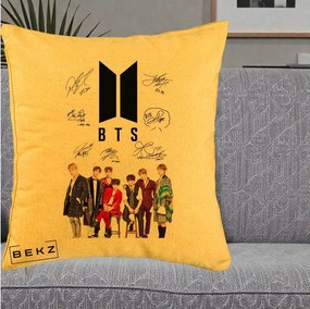 Perna Personalizata K-pop BTS Semnaturi Foto, 40x40 cm, Galben, Husa Detasabila, Perna Inclusa, BEKZ®