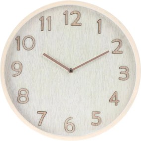 Ceas decorativ de perete, cu aspect de lemn natur și cifre reliefate, design modern
