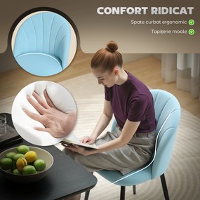 HOMCOM Set de 2 Scaune de Sufragerie din Catifea, Scaune Bucătărie cu Spătar Curbat în Formă de Scoică, Picioare din Oțel, Stil Nordic, Scaun Tapițat pentru Bucătărie, Dormitor, Living, Albastru Deschis | Aosom Romania