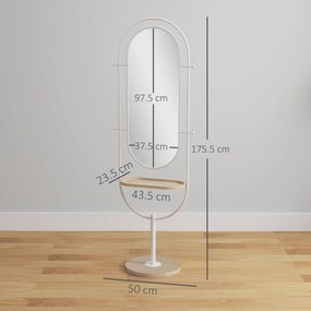 HOMCOM Oglindă de Corp Intreg 175,5x50 cm cu Tavă din Lemn 4 Cârlige și Rama de Metal pentru Salon Dormitor Alb | Aosom Romania