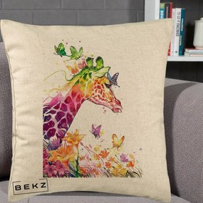 Perna Decorativa Girafa Curcubeu Acuarela, 40x40 cm, Bej, Husa Detasabila, Perna Inclusa, BEKZ®