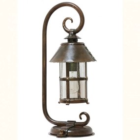 Stalp piedestral iluminat exterior design medieval cu felinar rotund si acoperis nituit, din fier forjat, inaltime 60cm, AL 6535