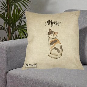 Perna Personalizata Pisica Meow Acuarela, 40x40 cm, Crem, Husa Detasabila, Perna Inclusa, BEKZ®