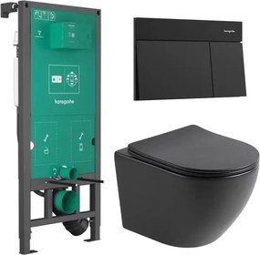 Set rezervor WC cu cadru incastrat Hansgrohe iFrame 112 cm si clapeta de actionare Element E negru mat plus vas WC Rune Ivaldi cu capac softclose