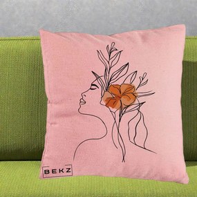 Perna Decorativa Portret Feminin Floare Portocalie Lateral, 40x40 cm, Roz, Husa Detasabila, Perna Inclusa, BEKZ®