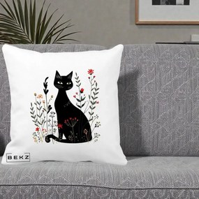 Perna Decorativa Pisica Neagra Botanica Rosu-Gri, 40x40 cm, Alba Mata, Husa Detasabila, Perna Inclusa, BEKZ®