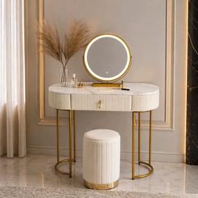 Set ASHLEY, Masă de toaletă pentru machiaj cu oglindă iluminată LED, control touch, sertar, taburet, 100x40x76 cm, Bej/Auriu