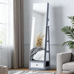 HOMCOM Oglindă portarbijuterii cu lumini LED Dulap portarbijuterii cu oglindă completă Rotativ de 360° Sertar Încuietoare Gri deschis | Aosom Romania