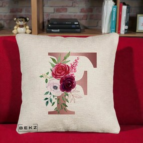 Cadou Personalizat - Perna Personalizata Monograma Rose Gold Litera F, 40x40 cm, Bej Canapea, Husa Detasabila, Perna Inclusa, BEKZ®