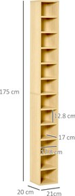 HOMCOM Dulap Biblioteca Suport CD-uri cu 12 Rafturi pentru 204 CD-uri, Raft Biblioteca din MDF si PAL, 21x20x175 cm, Lemn natural